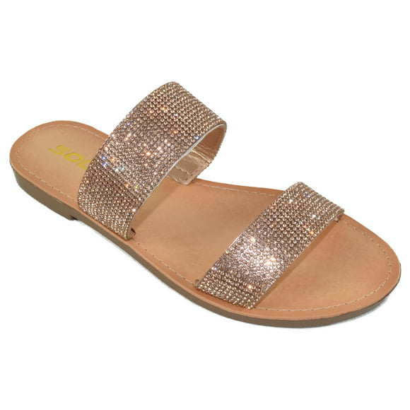 Womens Summer Beach *LOVE* Glitter Sequin Text Detailing Slider Sandals UK 3-8